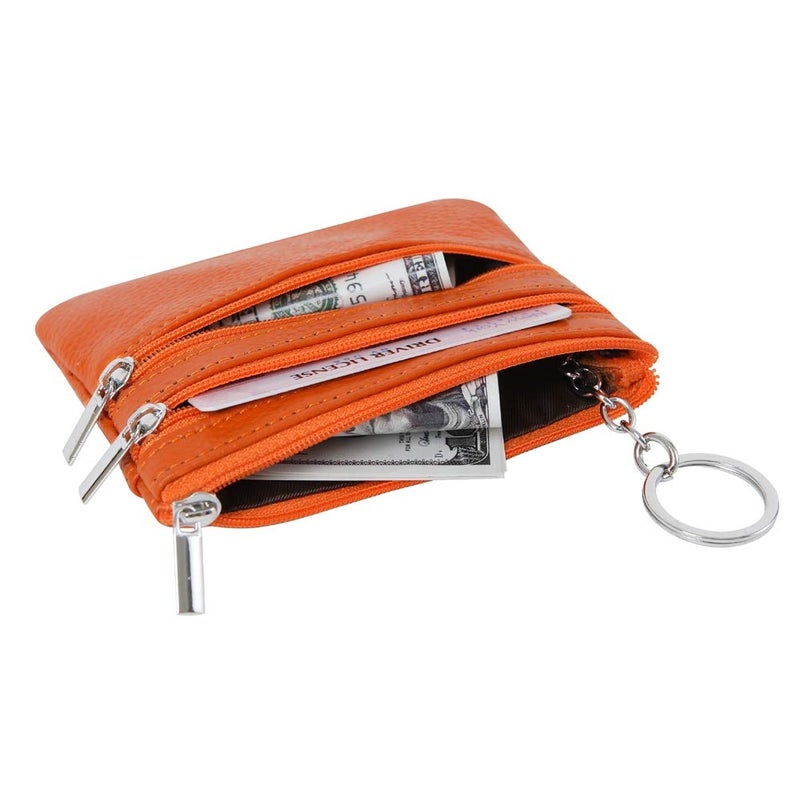 Cynure Women's Genuine Leather Coin Purse Mini Pouch Change Wallet with Keychain, Orange - Image 4